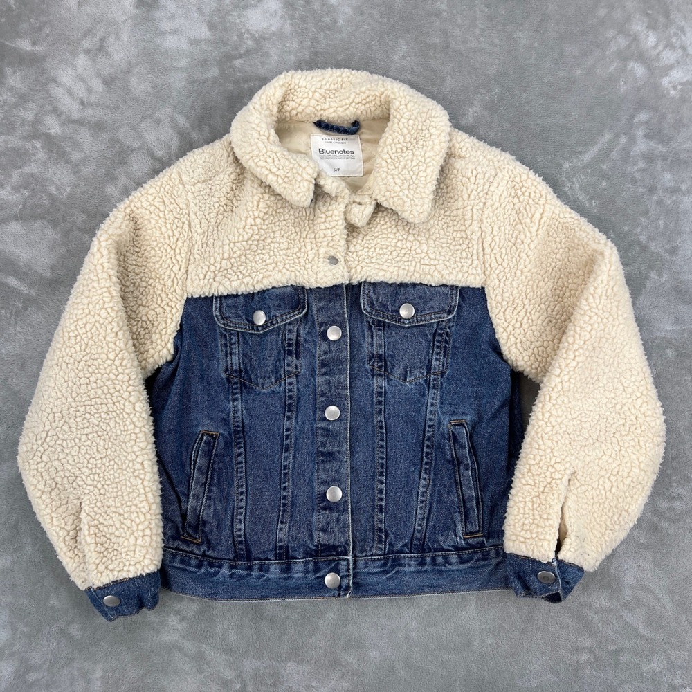Bluenotes Sherpa Mixed Media Denim Jacket Blue Cream Small Classic Fit